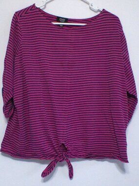 Jones New York Women’s 2X Pink Navy Striped Tie Front Top Short Sleeve Stretch